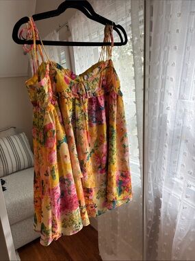 Floral Tie-Shoulder Mini Dress in Yellow and Pink